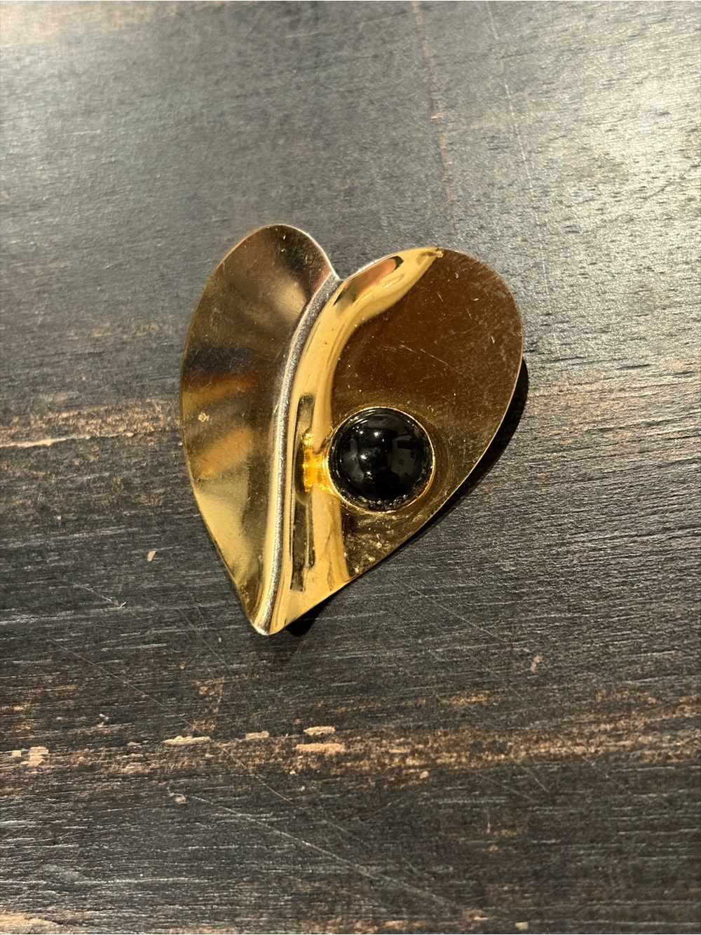 Gold Heart Brooch with Black Stone